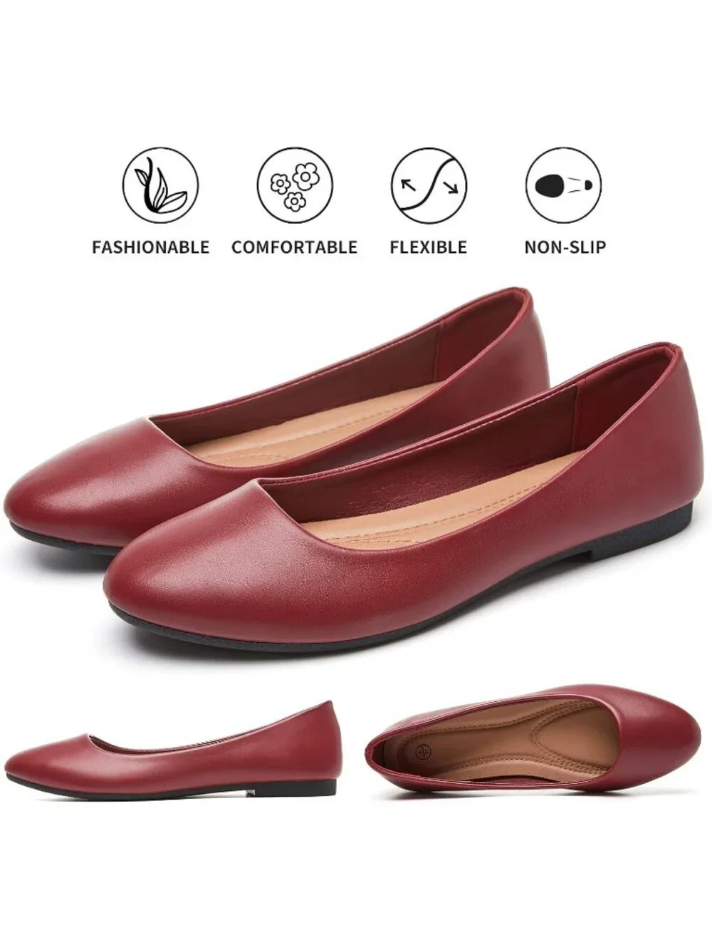 Women's Red PU Leather Closed Toe Comfortable Flexible Slip On Ballet Flats